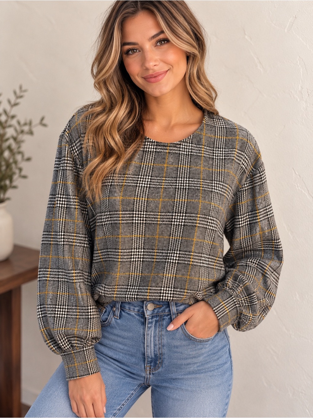 Express Gray Plaid Balloon-Sleeve Sweatshirt with Yellow Accents